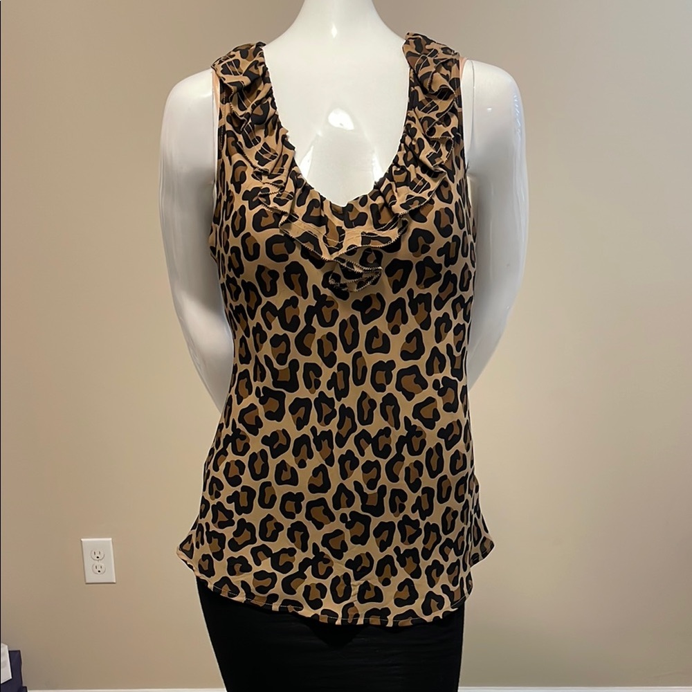 Tory Burch Silk Deep V-Neck Ruffle Trim Black Carmel Tan Animal Print Tank Top S